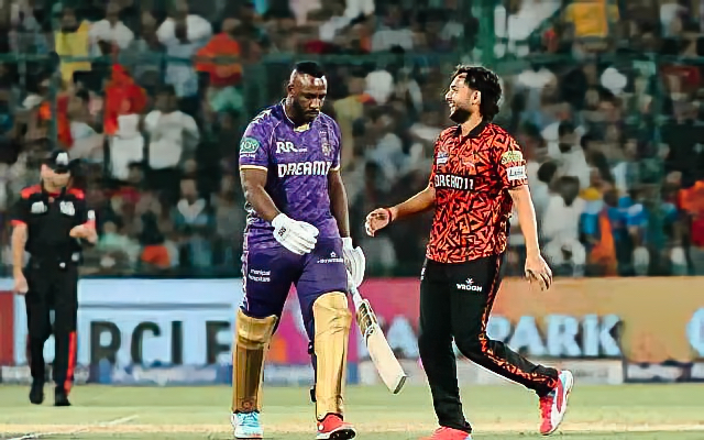 Henrik Klaasen hits a six in SRH vs KKR IPL 2025 match at Arun Jaitley Stadium. Travis Head plays a cover drive in SRH vs KKR IPL 2025 Match 68 in Delhi.